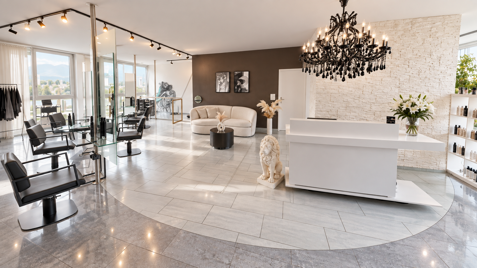 Heller Boutique-Salon Diamond Hair in Thun mit Styling-Stationen, weissem Empfangstresen und Kronleuchter